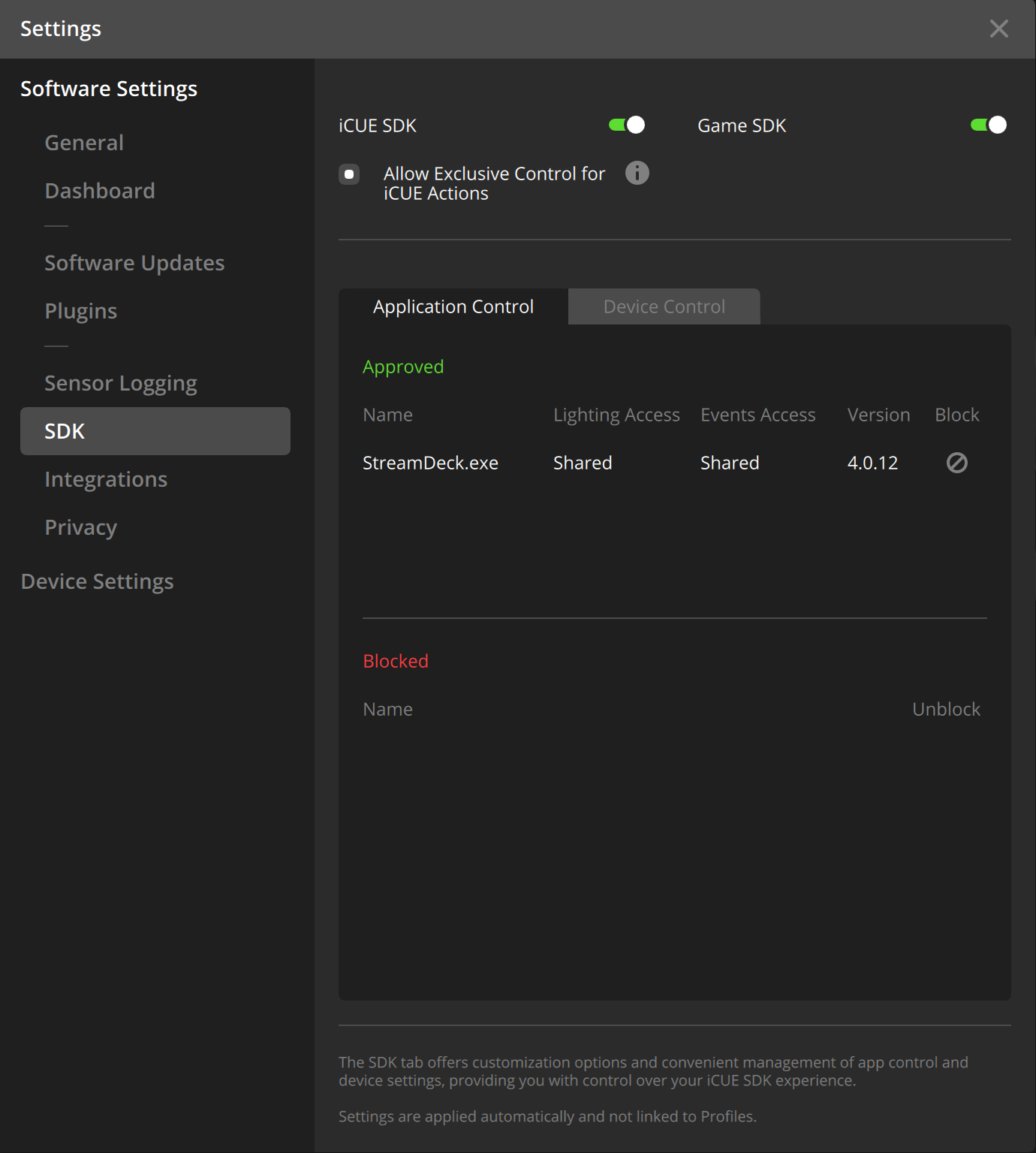 iCUE SDK settings interface with application control.