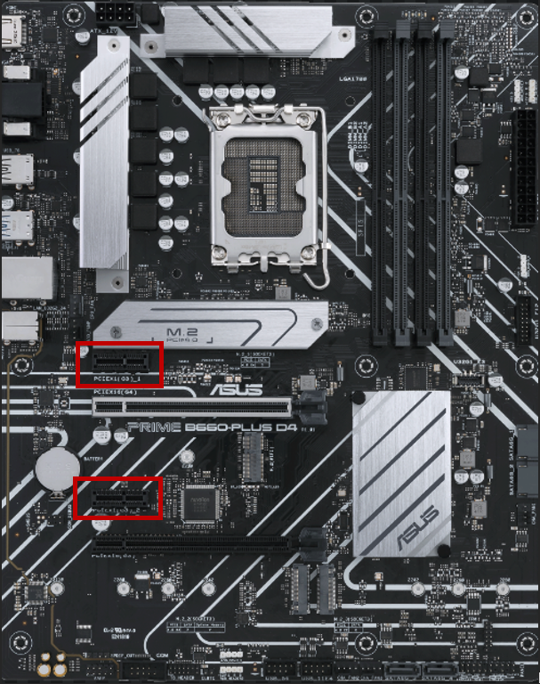 Motherboard with highlighted PCIe slots.