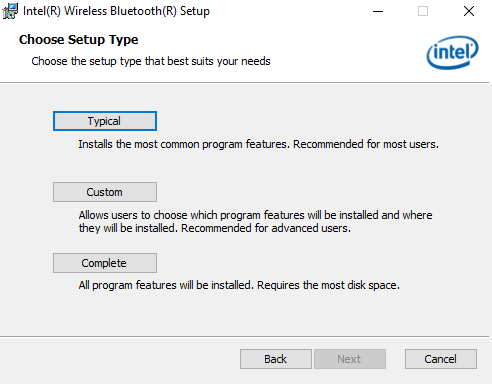 Bluetooth setup options for Intel software.