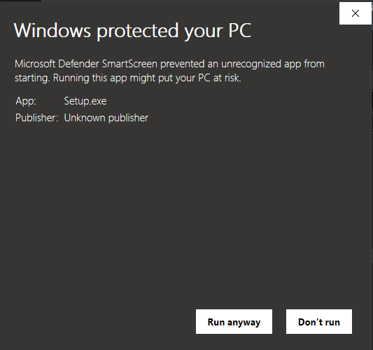 Windows Defender warning about unrecognized app.