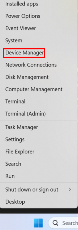 Windows menu with Device Manager highlighted.