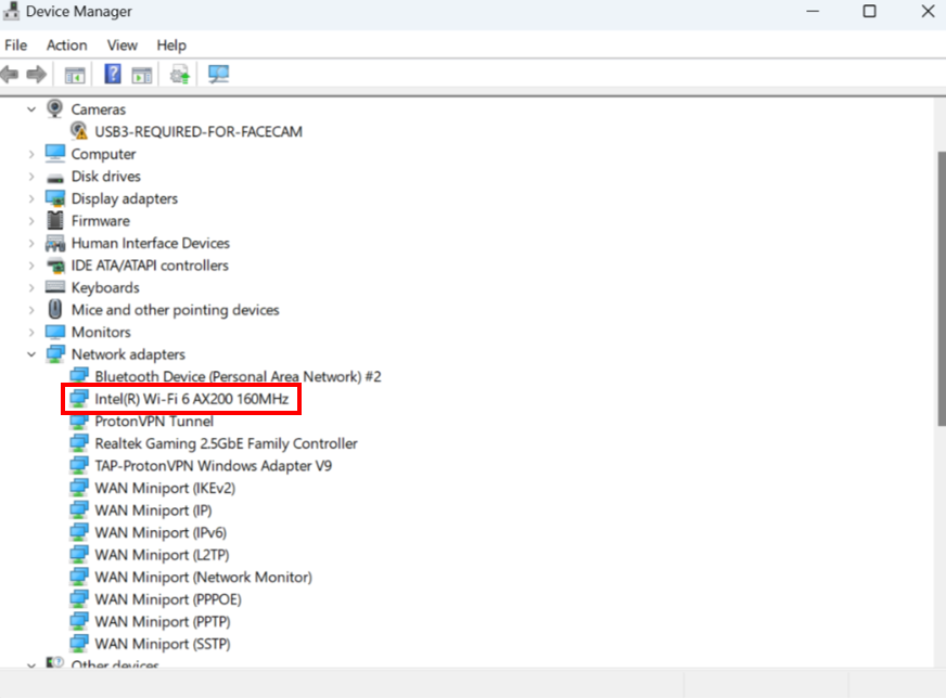 Device Manager showing network adapters list.