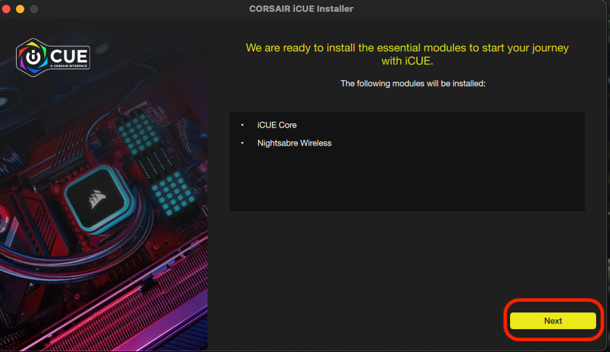 iCUE installer interface with installation options.
