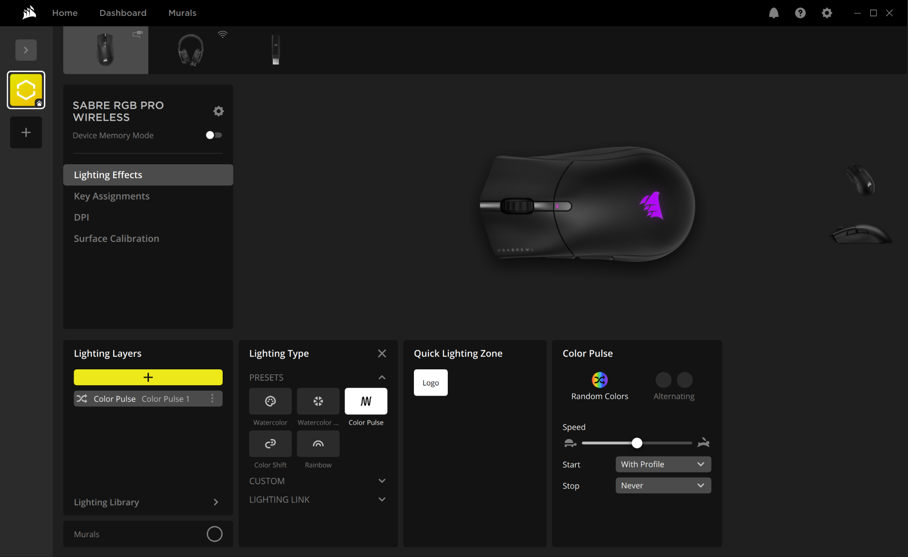 Corsair mouse settings interface with lighting options.