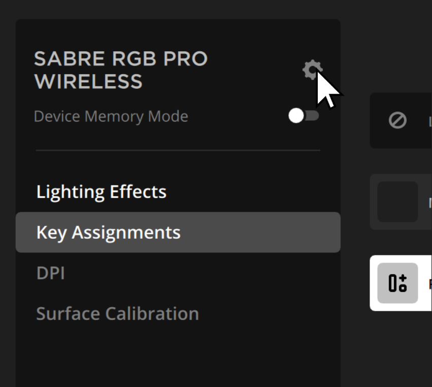Settings menu for SABRE RGB Pro Wireless mouse.