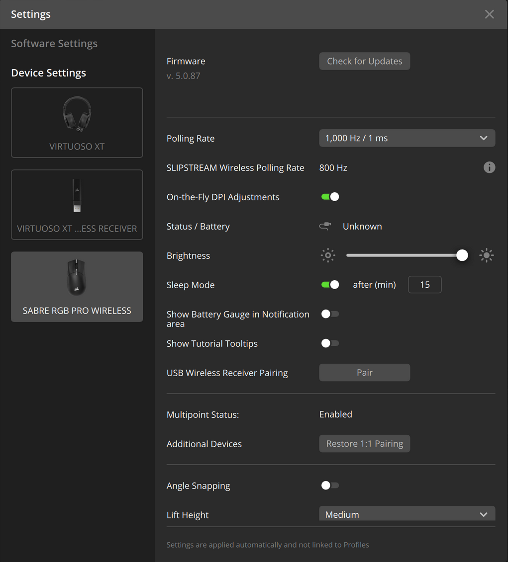 Settings menu for gaming peripherals.