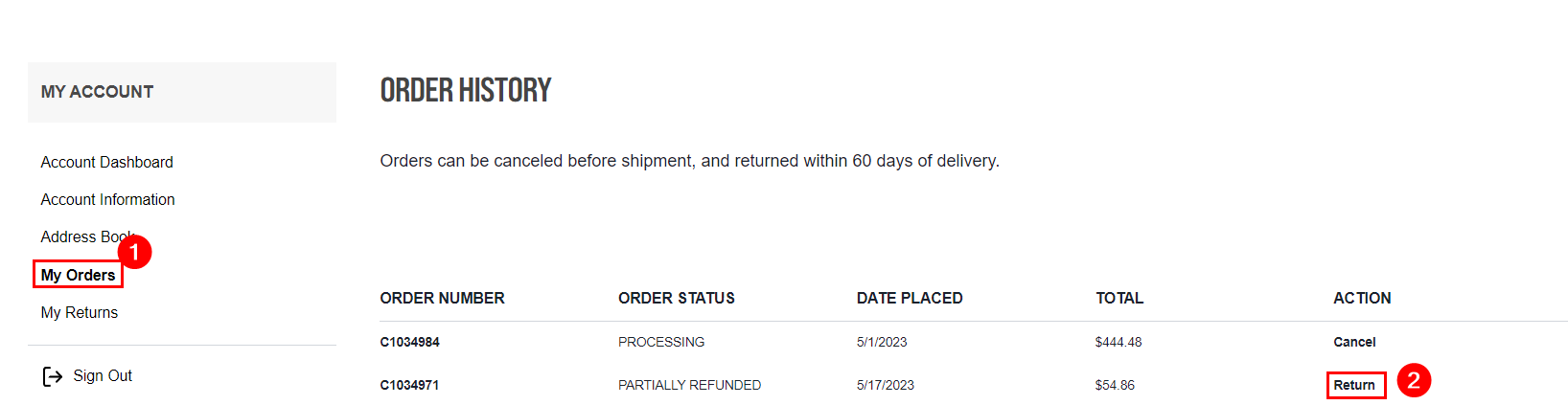 Order history page with order details and actions.