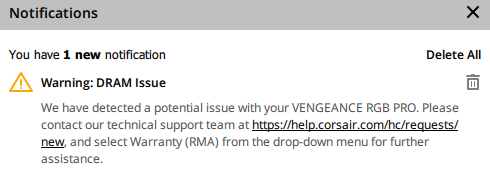 Notification about DRAM issue with VENGEANCE RGB PRO.