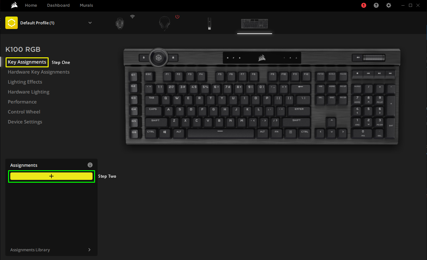 Corsair K100 RGB keyboard settings interface.