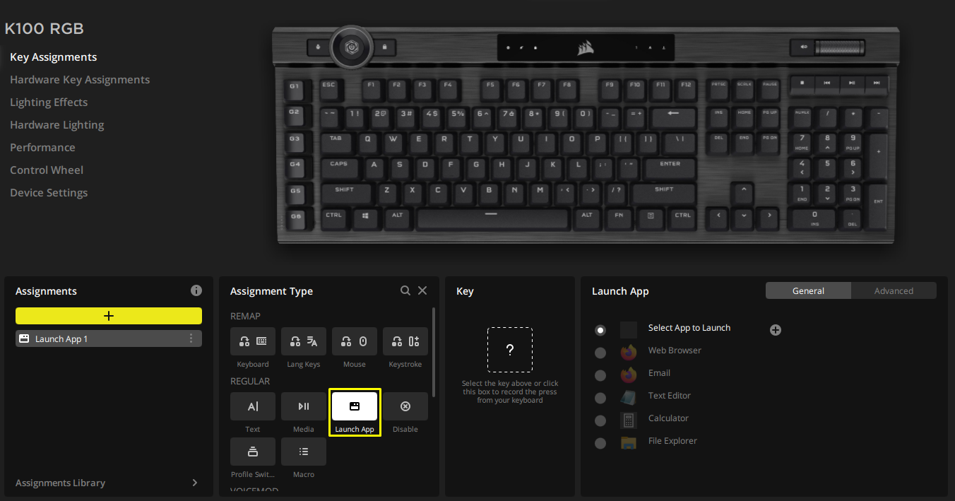 Keyboard settings interface for K100 RGB.