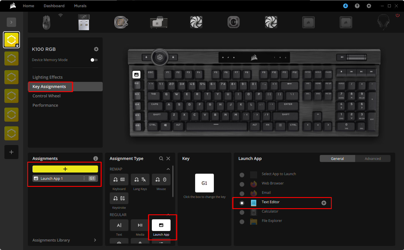 Keyboard settings interface with app assignments.