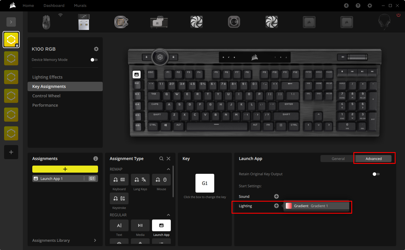 Keyboard settings interface with lighting options.
