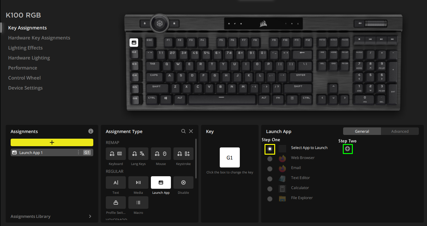 Keyboard settings interface with app launch options.