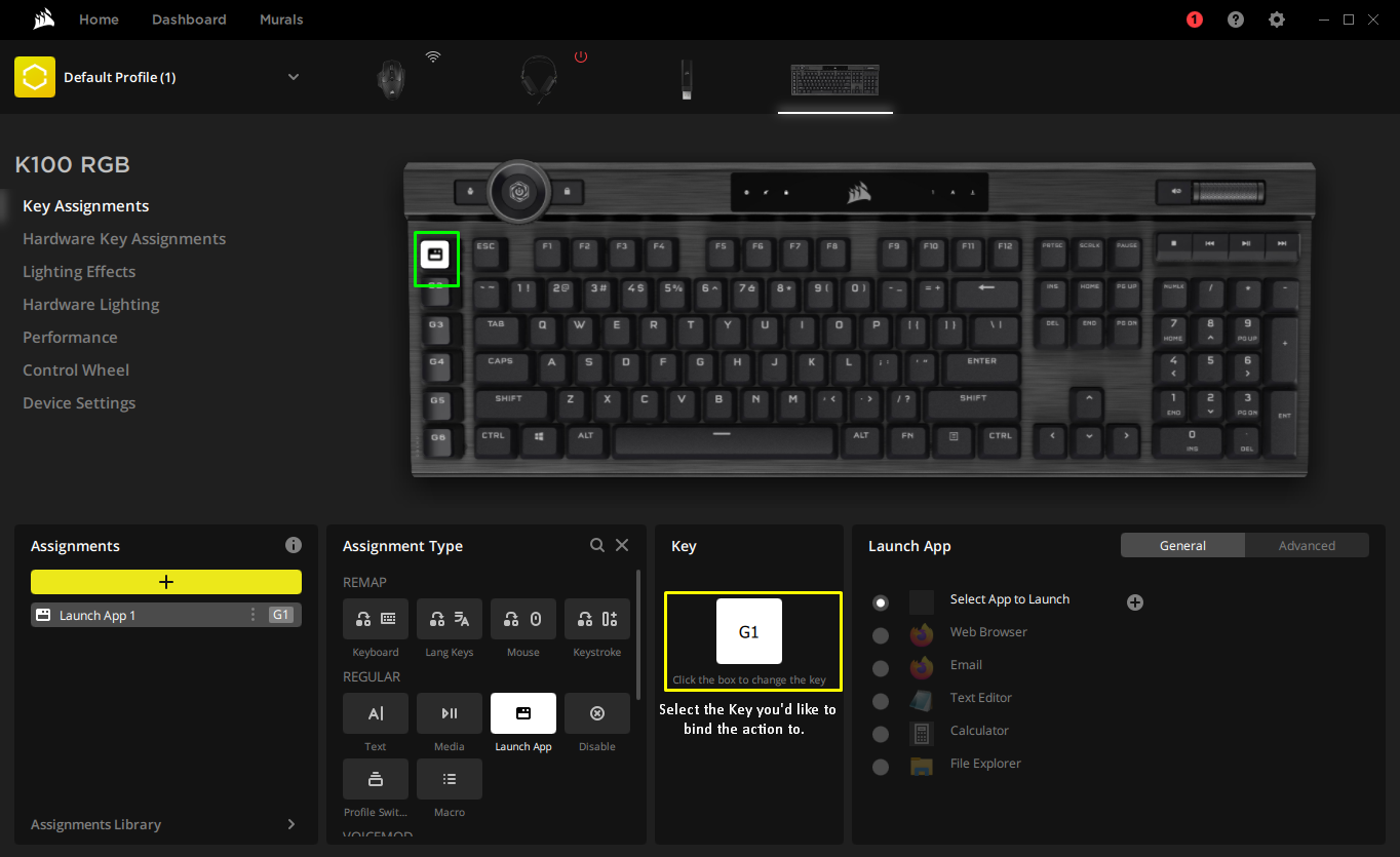 Keyboard settings interface with key assignments.