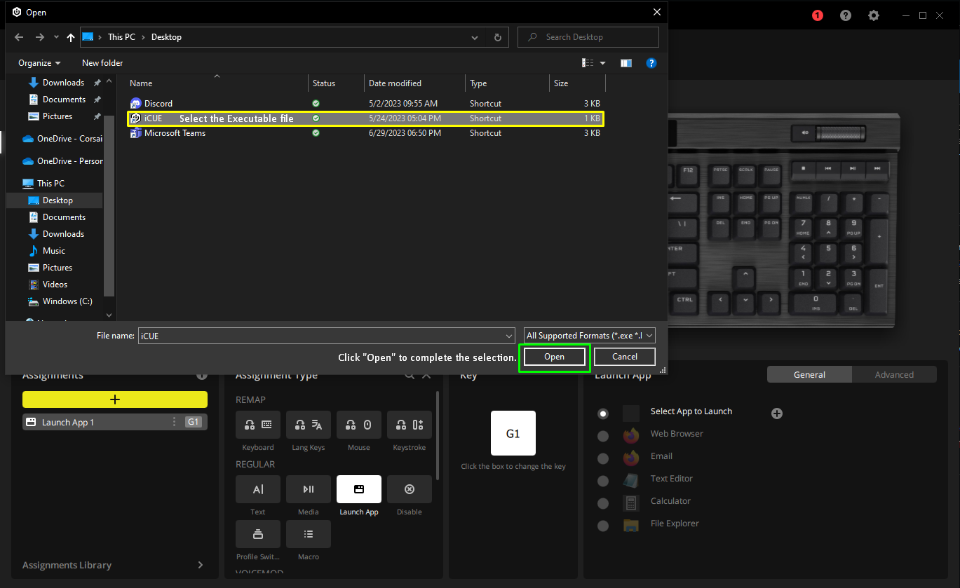 File selection window with shortcuts displayed.