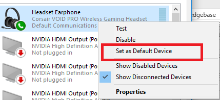 Headset settings menu with default device option.