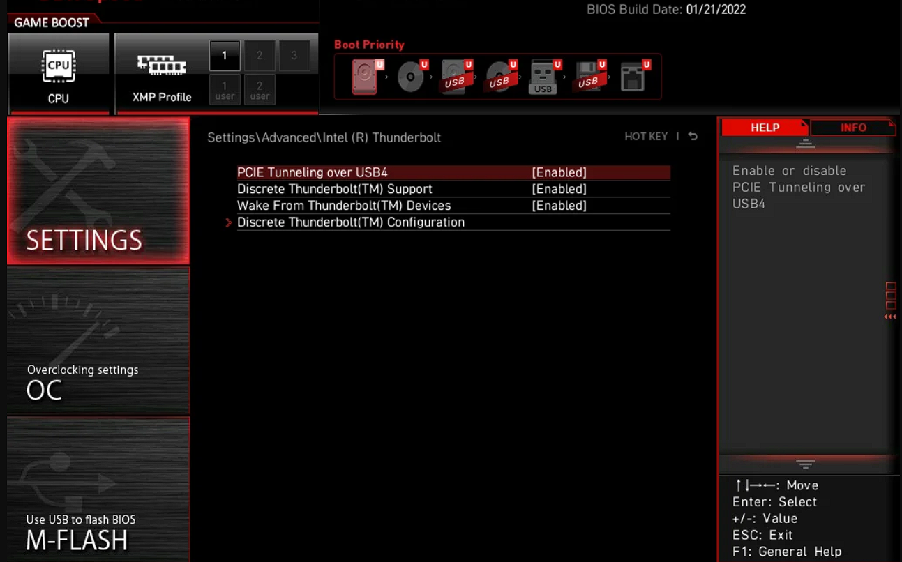 BIOS settings for Intel Thunderbolt configuration.