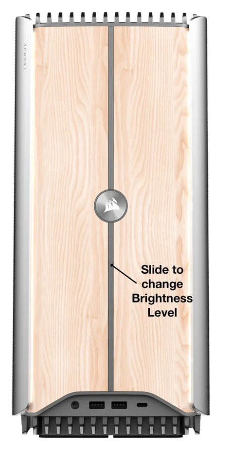 Device with wood finish and brightness slider.
