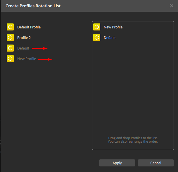 Profile management interface with rotation options.