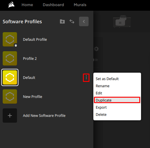 Software profiles menu with duplicate option highlighted.