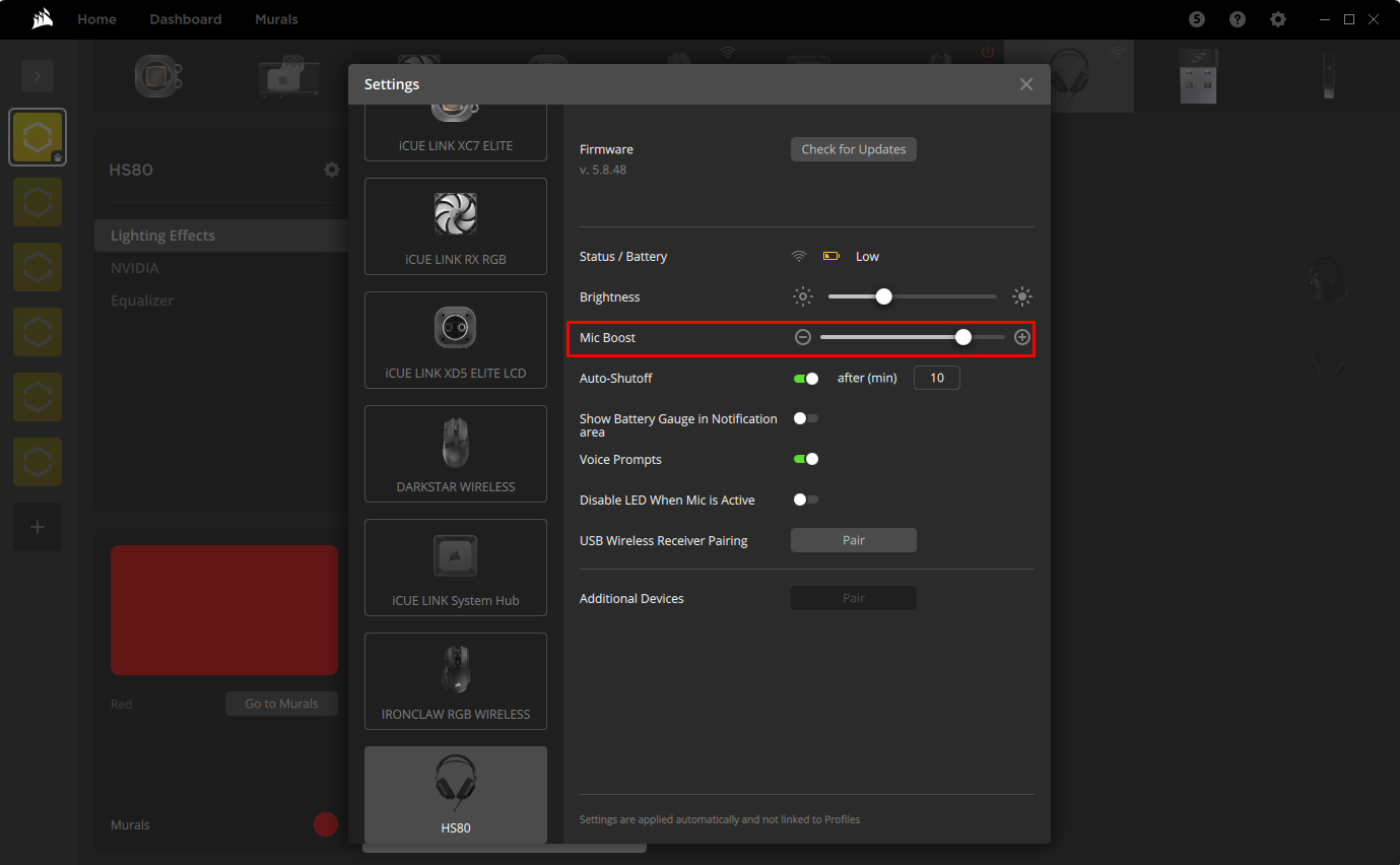 Settings menu for audio device with mic boost option.