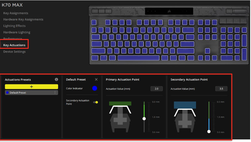 Keyboard settings interface with actuation points.