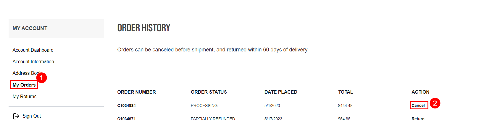 Order history page with cancel option highlighted.
