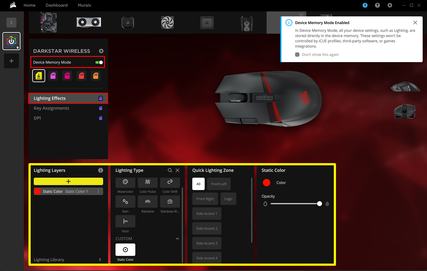 Corsair mouse settings interface with lighting options.