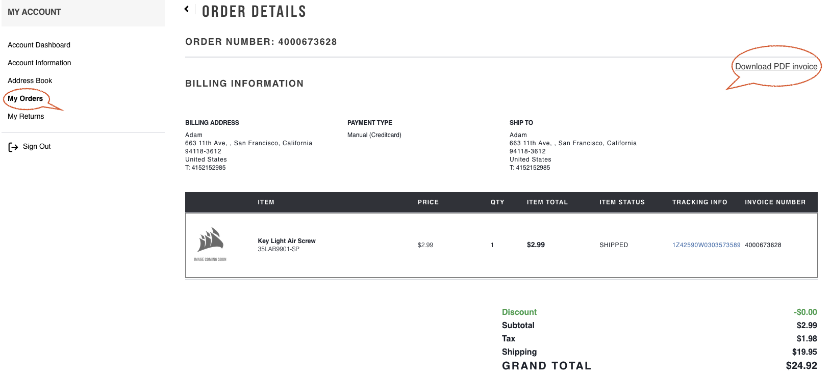 Order details with billing and shipping information.