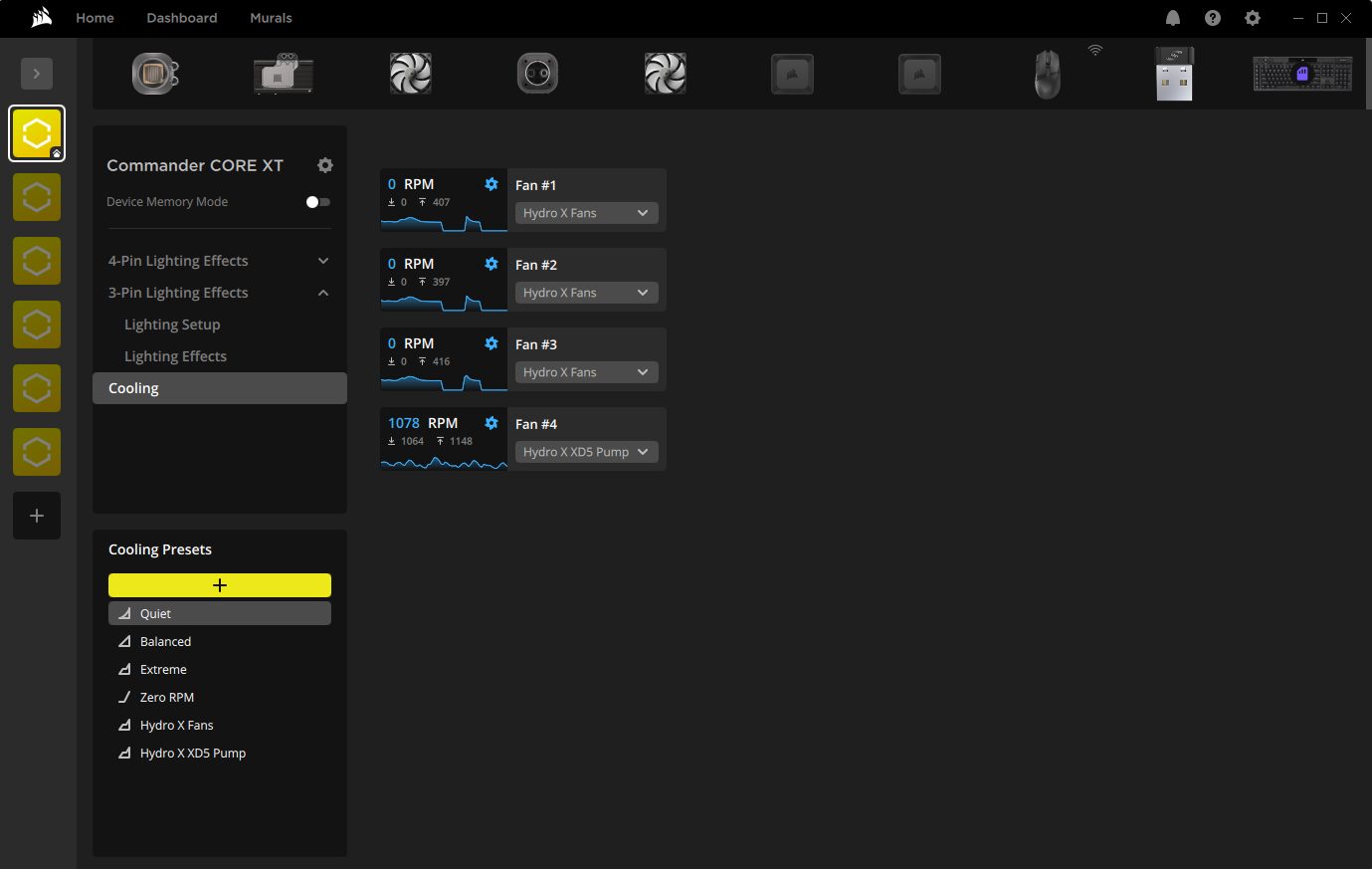 Cooling settings interface with fan RPM displays.