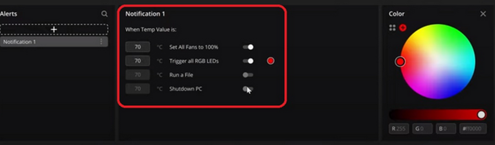 Settings for temperature notifications and RGB controls.
