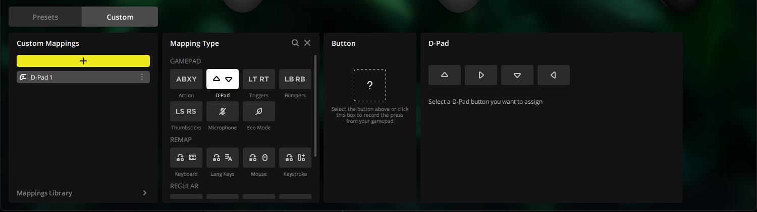 Gamepad mapping interface with D-Pad options.