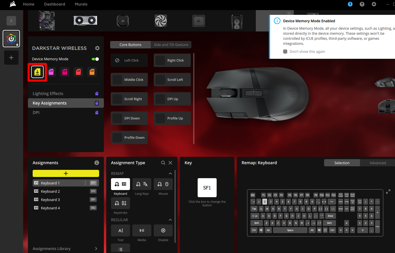 Corsair mouse settings interface displayed on screen.