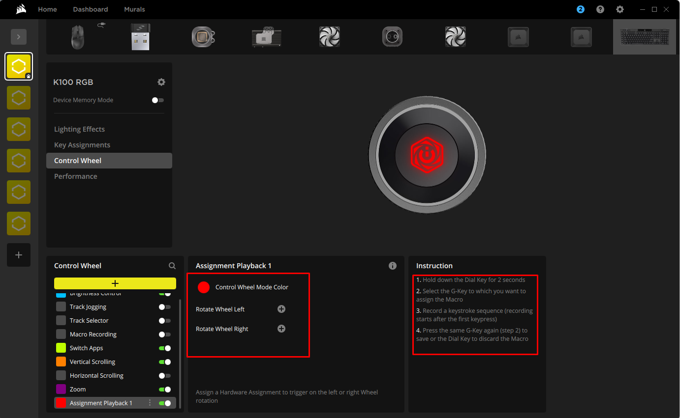 Control wheel settings interface with instructions.