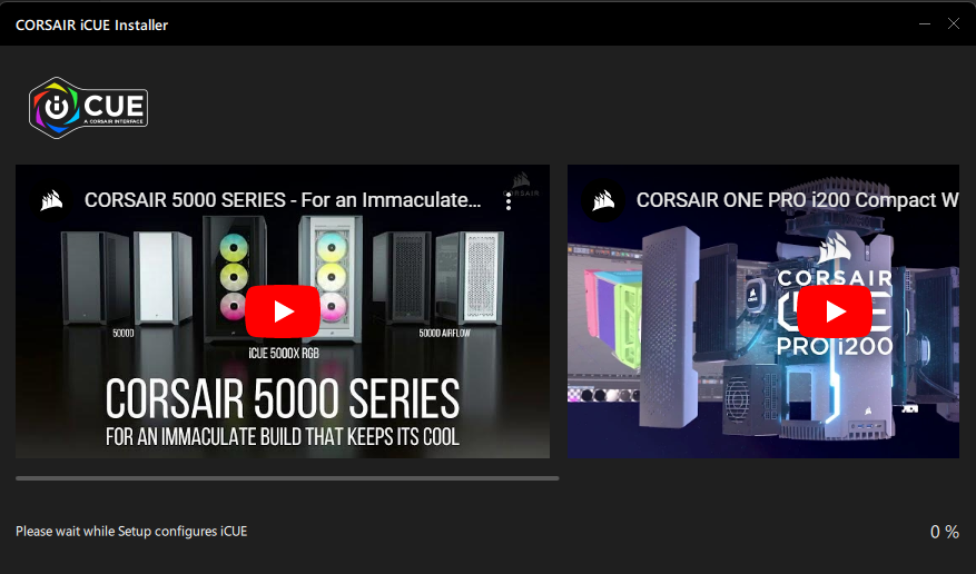 Corsair iCUE installer with PC case images.