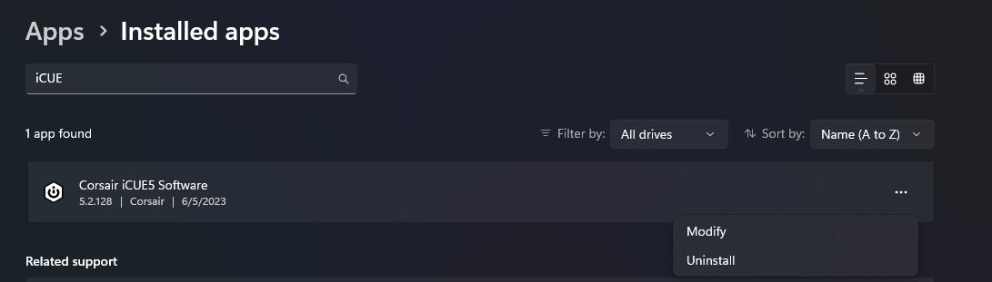 Installed apps list showing Corsair iCUE software.