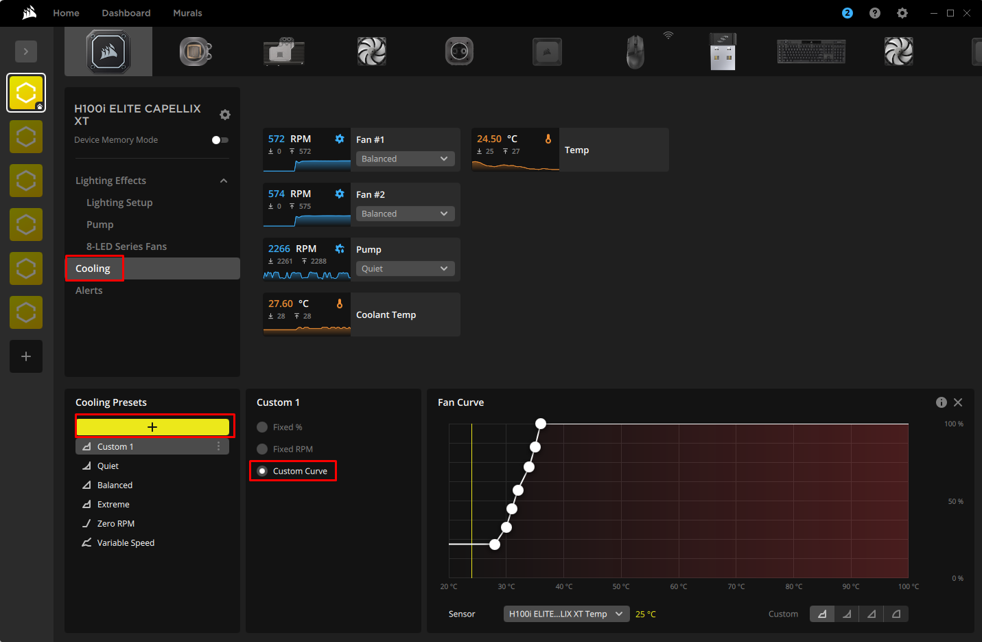 Cooling settings interface for a PC system.