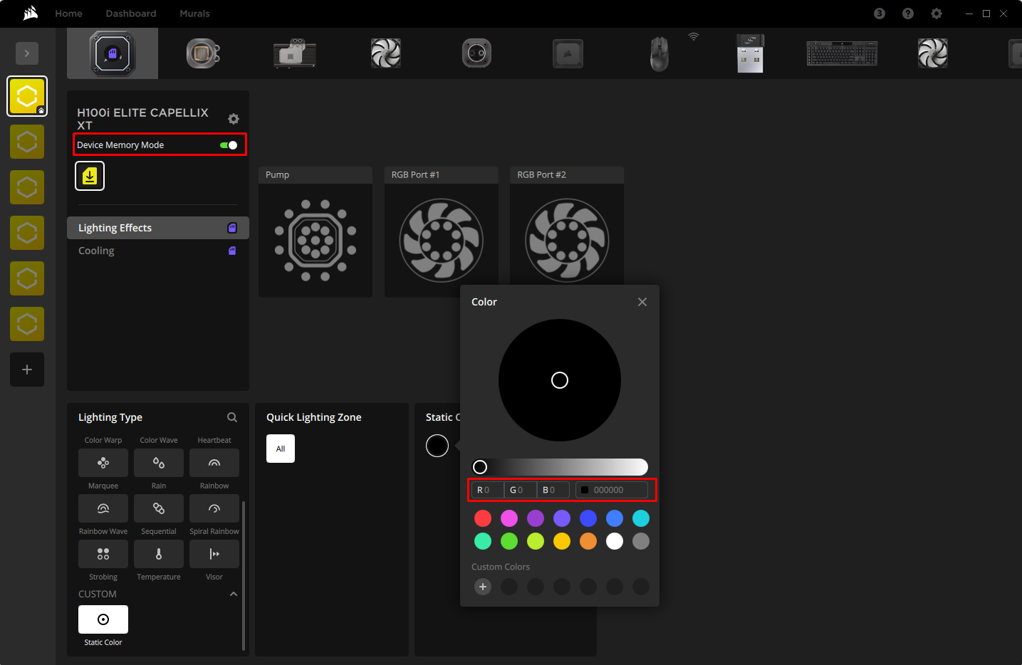 Corsair software interface for RGB lighting settings.