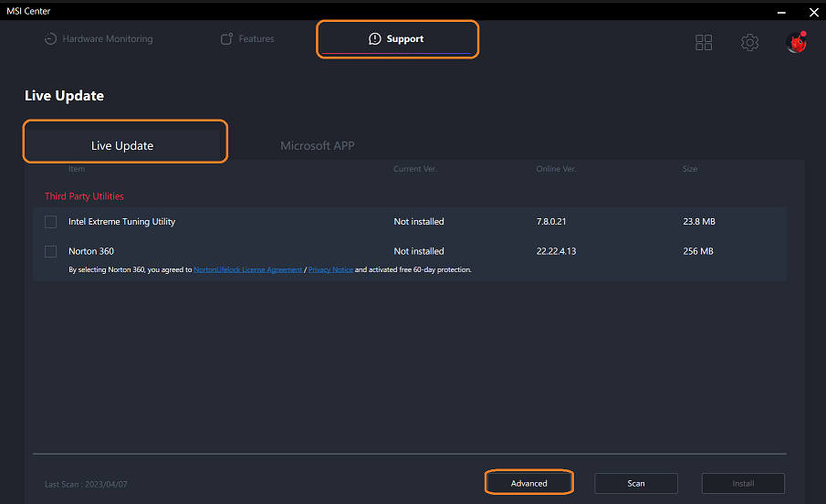 MSI Center Live Update interface with software options.
