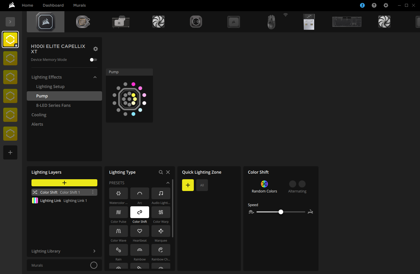 Corsair software interface for RGB lighting control.