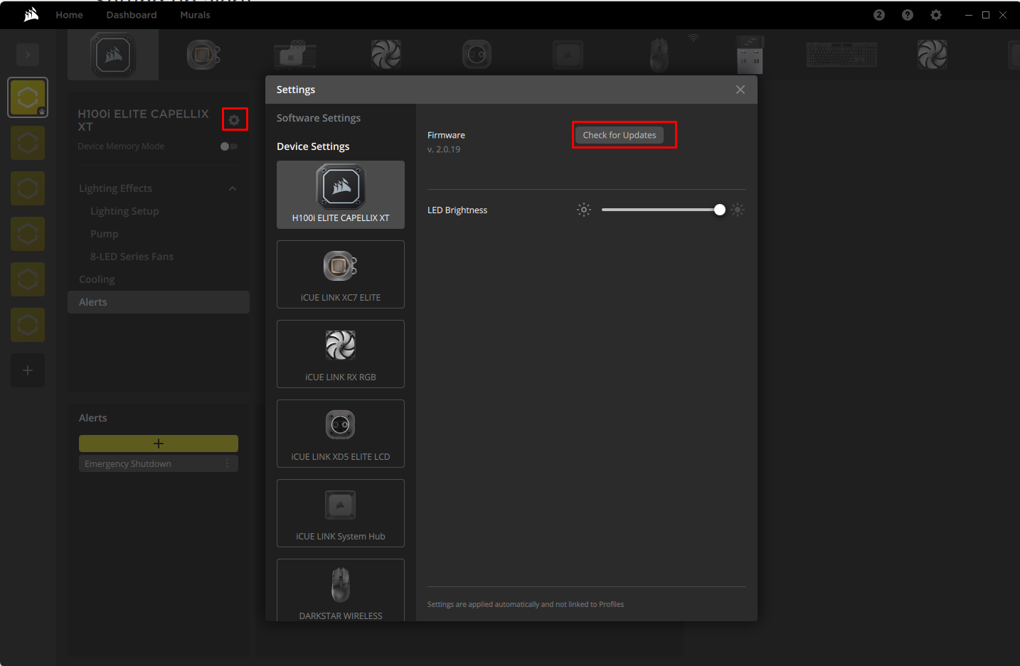 Settings menu for Corsair device management.