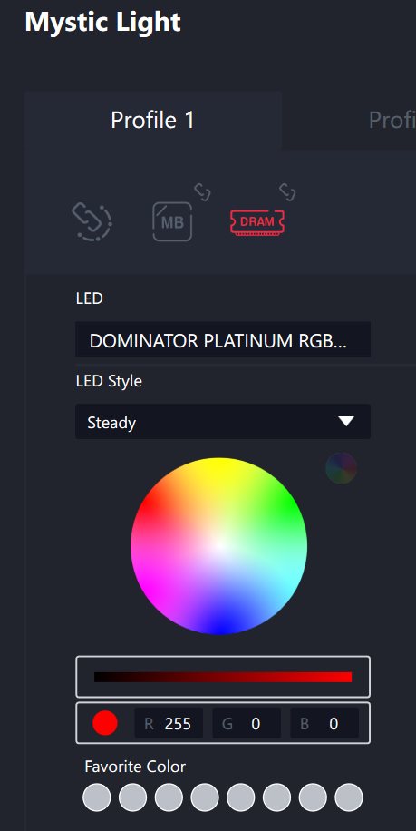 RGB lighting control interface with color options.