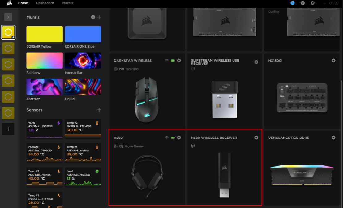 Corsair software interface with various devices listed.