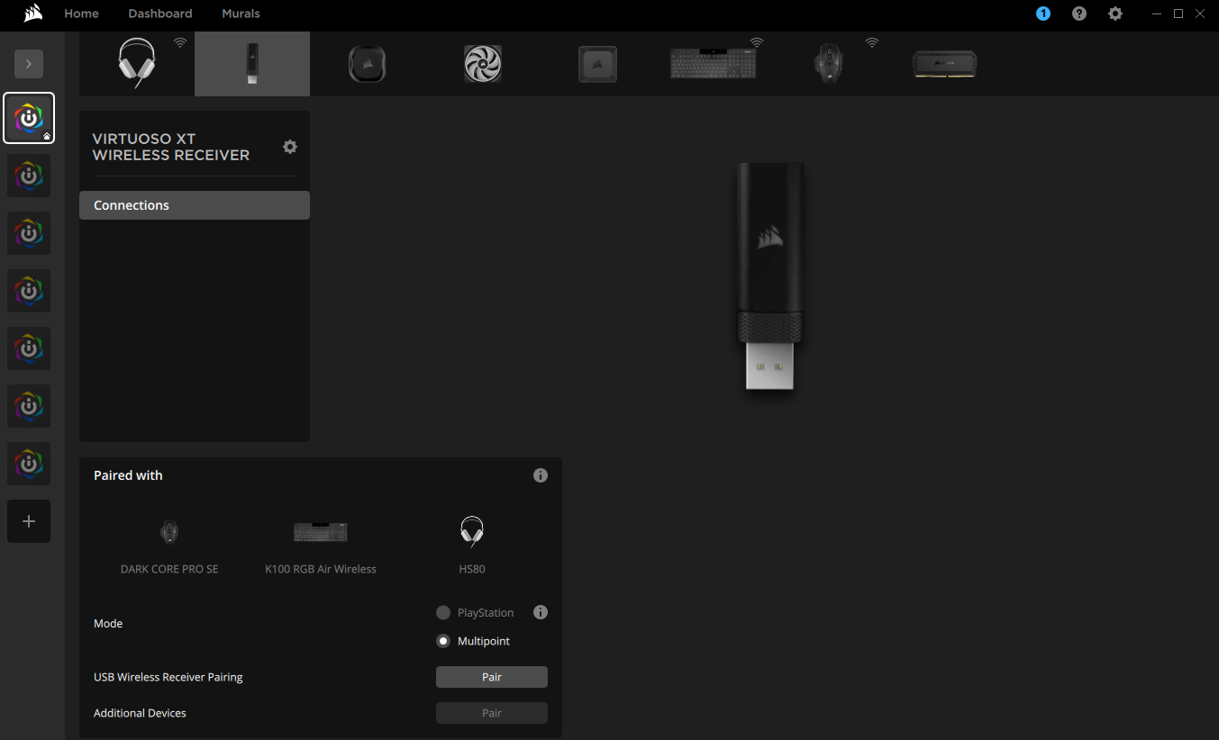 Corsair Virtuoso XT wireless receiver interface.