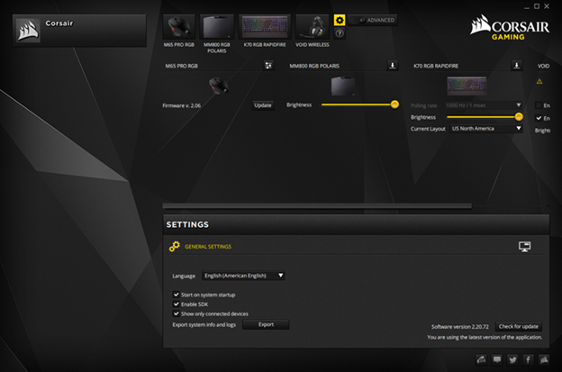 Corsair gaming software settings interface.
