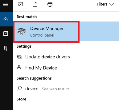 Device Manager highlighted in Windows search results.