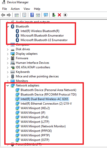 Device Manager showing Bluetooth and network adapters.