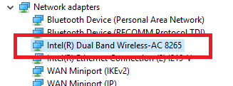 Intel Dual Band Wireless-AC 8265 network adapter.