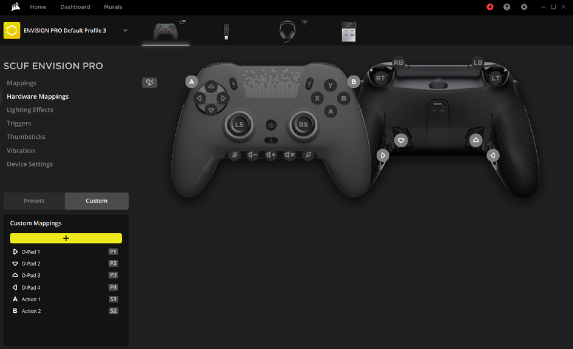 SCUF Envision Pro 컨트롤러 설정 인터페이스.