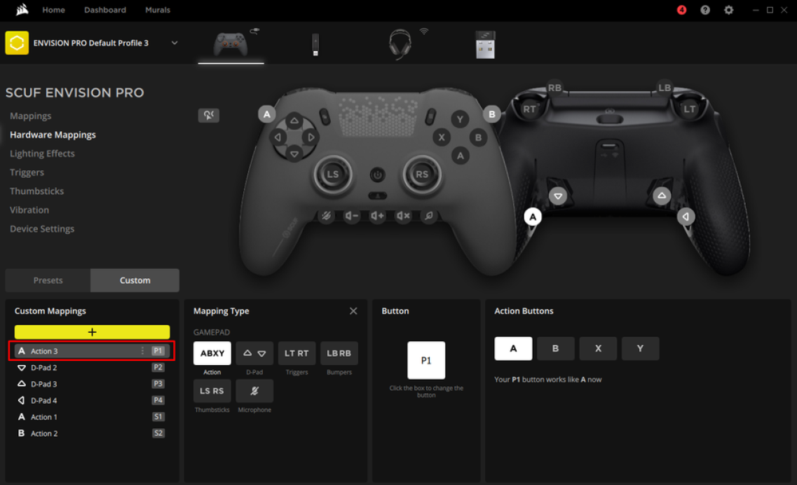 SCUF 컨트롤러 매핑 인터페이스 스크린샷.